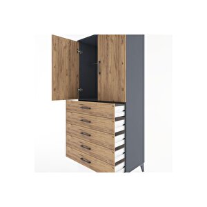 Hyperion Dolap Tek Raflı 5 Çekmeceli Tek Askılı 88x44x182 Antrasit-çam