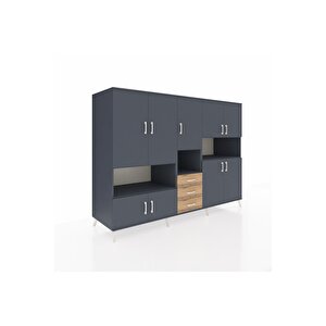 Kronos Dolap 13 Raflı 3 Çekmeceli 9 Kapaklı 220x59x163 Antrasit-antrasit/çam