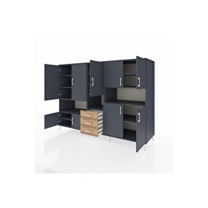 Kronos Dolap 13 Raflı 3 Çekmeceli 9 Kapaklı 220x59x163 Antrasit-antrasit/çam