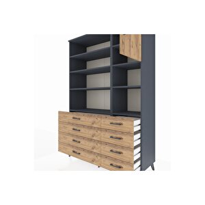 Hyperion Gardrop 8 Raflı 8 Çekmeceli Tek Kapaklı  132x44x195 Antrasit-çam