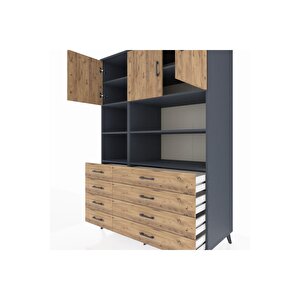 Kronos Dolap 8 Raflı 8 Çekmeceli 3 Kapaklı 132x59x195 Antrasit-çam/çam