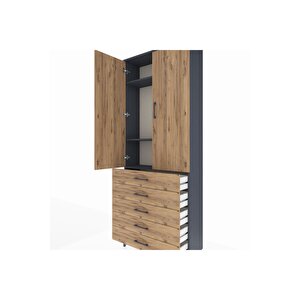 Arges Dolap 3 Raflı 5 Çekmeceli 2 Kapaklı 88x30x221 Antrasit-çam