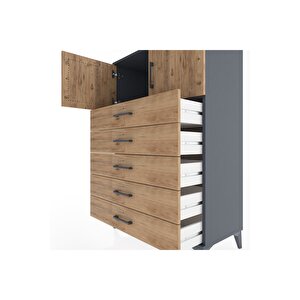 Hyperion Dolap Tek Raflı 5 Çekmeceli 2 Kapaklı 88x44x134 Antrasit-çam