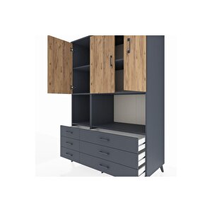 Kronos Dolap 6 Raflı 6 Çekmeceli 3 Kapaklı 132x59x195 Antrasit-çam/antrasit