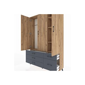 Arges Dolap 5 Raflı 5 Çekmeceli Tek Askılı 132x30x195 Çam-çam/antrasit