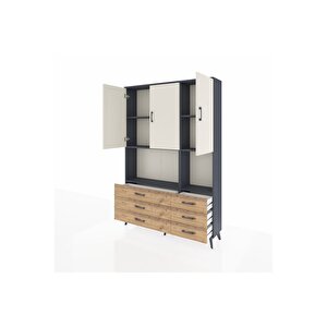 Arges Dolap 6 Raflı 6 Çekmeceli 3 Kapaklı 132x30x195 Antrasit-aytaşı/çam