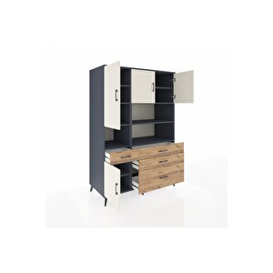 Kronos Dolap 9 Raflı 4 Çekmeceli 4 Kapaklı 132x59x195 Antrasit-aytaşı/çam