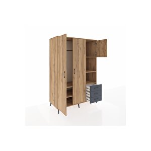 Kronos Dolap 5 Raflı 3 Çekmeceli Tek Askılı 132x59x195 Çam-çam/antrasit