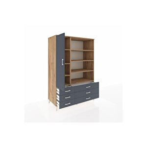 Kronos Dolap 8 Raflı 6 Çekmeceli Tek Kapaklı  132x59x195 Çam-antrasit/antrasit