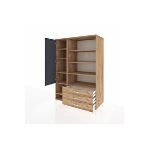 Kronos Dolap 9 Raflı 3 Çekmeceli Tek Kapaklı  132x59x195 Çam-antrasit/çam