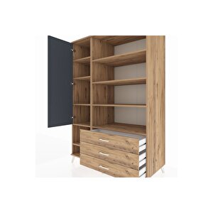 Kronos Dolap 9 Raflı 3 Çekmeceli Tek Kapaklı  132x59x195 Çam-antrasit/çam