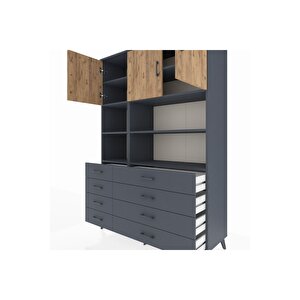 Hyperion Dolap 8 Raflı 8 Çekmeceli 3 Kapaklı 132x44x195 Antrasit-çam/antrasit