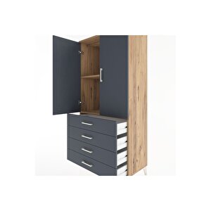Hyperion Dolap 2 Raflı 4 Çekmeceli 2 Kapaklı 88x44x182 Çam-antrasit