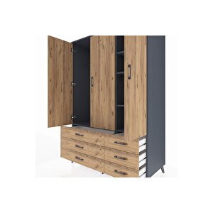 Kronos Dolap 5 Raflı 6 Çekmeceli Tek Askılı 132x59x195 Antrasit-çam/çam