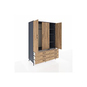 Kronos Dolap 5 Raflı 6 Çekmeceli Tek Askılı 132x59x195 Antrasit-çam/çam