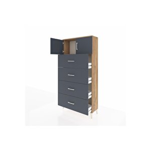 Arges Dolap Tek Raflı 4 Çekmeceli 2 Kapaklı 88x30x182 Çam-antrasit