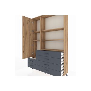 Arges Dolap 7 Raflı 6 Çekmeceli Tek Kapaklı  132x30x195 Çam-çam/antrasit