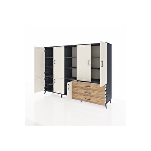 Hyperion Dolap 11 Raflı 3 Çekmeceli 7 Kapaklı 220x44x163 Antrasit-aytaşı/çam