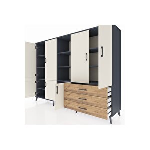 Hyperion Dolap 11 Raflı 3 Çekmeceli 7 Kapaklı 220x44x163 Antrasit-aytaşı/çam