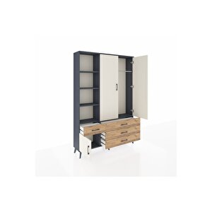 Arges Dolap 5 Raflı 4 Çekmeceli Tek Askılı 132x30x195 Antrasit-aytaşı/çam