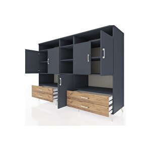 Kronos Dolap 12 Raflı 4 Çekmeceli 5 Kapaklı 220x59x163 Antrasit-antrasit/çam