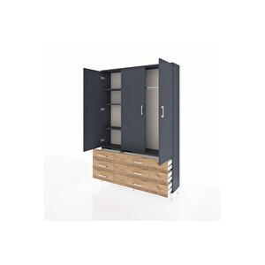 Arges Dolap 5 Raflı 6 Çekmeceli Tek Askılı 132x30x195 Antrasit-antrasit/çam