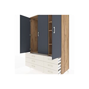 Kronos Dolap 5 Raflı 6 Çekmeceli Tek Askılı 132x59x195 Çam-antrasit/aytaşı