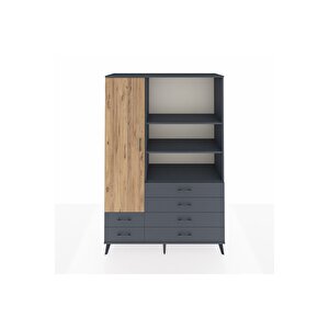 Hyperion Dolap 7 Raflı 6 Çekmeceli Tek Kapaklı  132x44x195 Antrasit-çam/antrasit