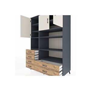 Kronos Dolap 9 Raflı 6 Çekmeceli 3 Kapaklı 132x59x195 Antrasit-aytaşı/çam