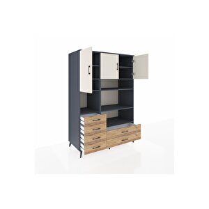 Kronos Dolap 9 Raflı 6 Çekmeceli 3 Kapaklı 132x59x195 Antrasit-aytaşı/çam