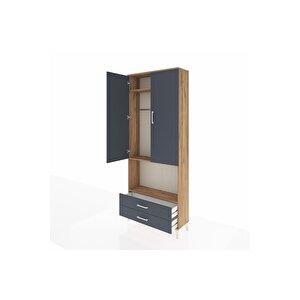 Arges Dolap 3 Raflı 2 Çekmeceli Tek Askılı 88x30x221 Çam-antrasit