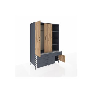 Kronos Dolap 5 Raflı 4 Çekmeceli Tek Askılı 132x59x195 Antrasit-çam/antrasit