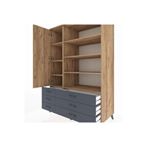 Kronos Dolap 8 Raflı 6 Çekmeceli Tek Kapaklı  132x59x195 Çam-çam/antrasit