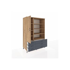 Kronos Dolap 8 Raflı 6 Çekmeceli Tek Kapaklı  132x59x195 Çam-çam/antrasit