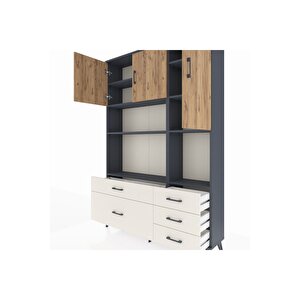 Arges Dolap 8 Raflı 5 Çekmeceli 3 Kapaklı 132x30x195 Antrasit-çam/aytaşı