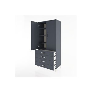 Hyperion Dolap 4 Raflı 4 Çekmeceli 2 Kapaklı 88x44x195 Antrasit-antrasit