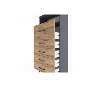 Arges Dolap Tek Raflı 5 Çekmeceli 60x30x134 Antrasit-çam