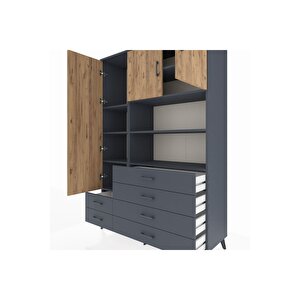 Hyperion Dolap 8 Raflı 6 Çekmeceli 3 Kapaklı 132x44x195 Antrasit-çam/antrasit