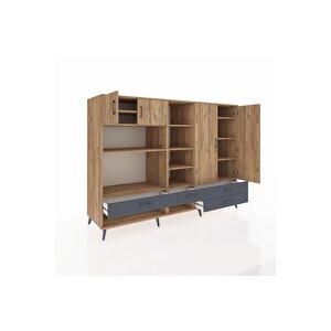 Kronos Dolap 12 Raflı 4 Çekmeceli 4 Kapaklı 220x59x163 Çam-çam/antrasit