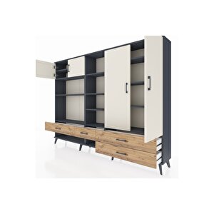 Arges Dolap 12 Raflı 4 Çekmeceli 4 Kapaklı 220x30x163 Antrasit-aytaşı/çam