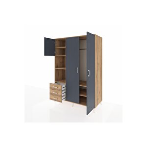 Kronos Dolap 6 Raflı 3 Çekmeceli Tek Askılı 132x59x195 Çam-antrasit/çam