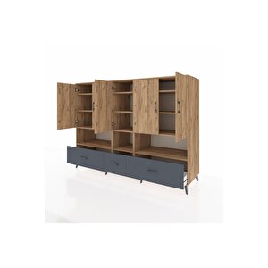 Kronos Dolap 12 Raflı 3 Çekmeceli 5 Kapaklı 220x59x163 Çam-çam/antrasit