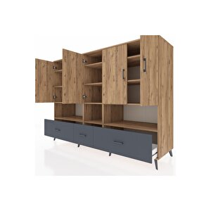 Kronos Dolap 12 Raflı 3 Çekmeceli 5 Kapaklı 220x59x163 Çam-çam/antrasit