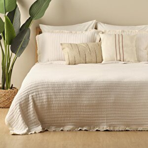 %100 Pamuk Vintage Çift Kişilik Yatak Örtüsü Seti Krem (240x260 Cm) Krem