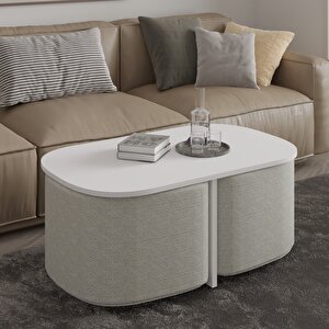 Twin Puflu Orta Sehpa – İkili Puf Saklama Alanlı Ve Modern Tasarım, Beyaz Beyaz