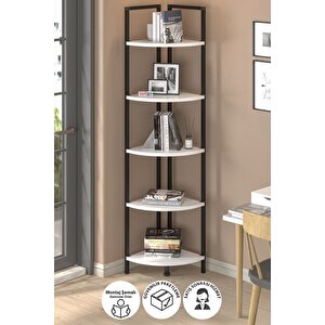 5 Raflı Metal Köşe Kitaplık Rafı Dekoratif Aksesuar Rafı Noyan Beyaz