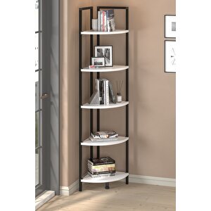 5 Raflı Metal Köşe Kitaplık Rafı Dekoratif Aksesuar Rafı Noyan Beyaz