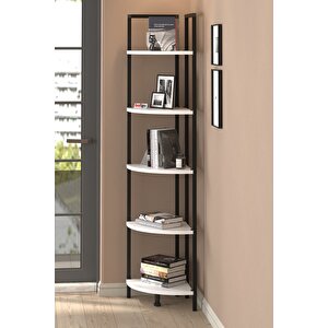 5 Raflı Metal Köşe Kitaplık Rafı Dekoratif Aksesuar Rafı Noyan Beyaz