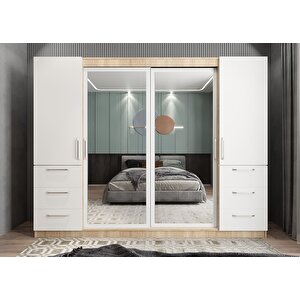Mükemmel Sürgülü Çekmeceli Kapaklı Gardırop Meşe&beyaz G.r.m_7_208cm 208 cm
