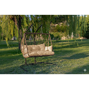 Lüks Rattan Görünümlü 7 Kişilik Bahçe Oturma Takımı Ve 2 Kişilik Salıncak Seti - KAHVERENGİ Minderli Teras Balkon Mobilyası